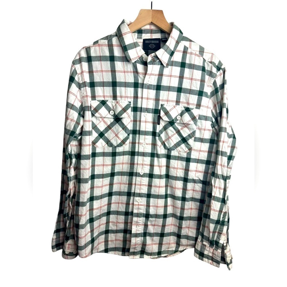 Harley Davidson Mens Staple Plaid Cotton Twill‎ Shirt Green Red Holiday Sz Large